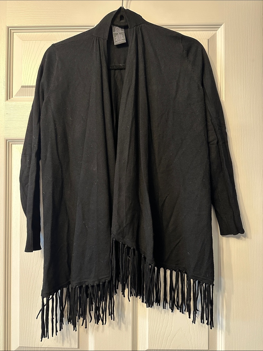 Chelsea & Theodore Black Open-Front Fringe Sweater Shrug
